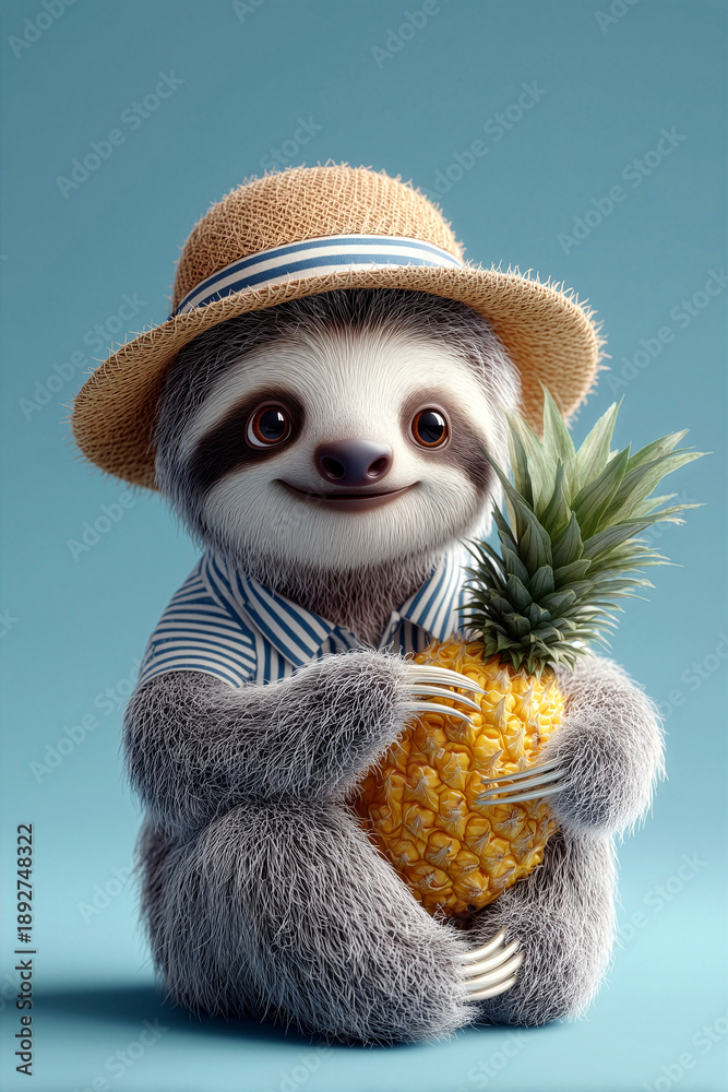 Fototapeta premium Smiling cute sloth holding pineapple wearing straw hat and striped shirt on blue background. Concept of summer fun, tropical vacation, and playful lifestyle