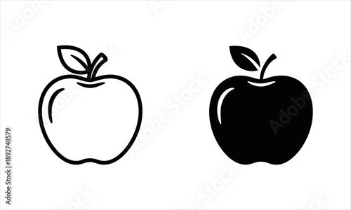 Stylized Apple Icons Set Outline and Solid Black Fruit Symbols for Healthy Eating