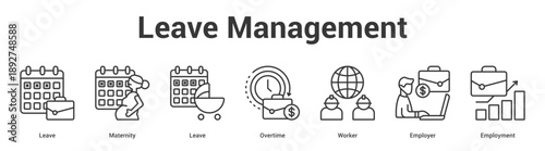 Leave Management web banner icon set vector illustration concept for business with icon of Leave, Maternity, Leave, Overtime, Work.