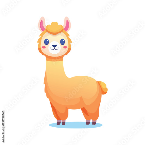 Adorable cartoon llama stands facing front with cute expression and vibrant orange fur in a simple graphic illustration