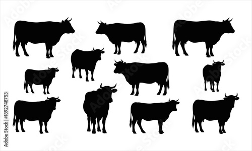 Collection of Silhouetted Cows in Various Poses and Sizes