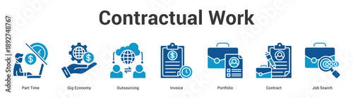 Contractual Work web banner icon set vector illustration concept for business with icon of Part Time, Gig Economy, Outsourcing, Invoice, Portfolio, Contra.