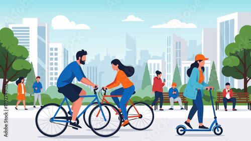 Diverse people enjoying outdoor urban activities like cycling and scooting, vector illustration of a healthy lifestyle in a city park