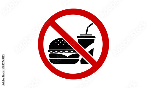 Iconic symbol prohibiting the consumption of fast food burgers and sugary drinks, emphasizing health or venue rules against eating and drinking