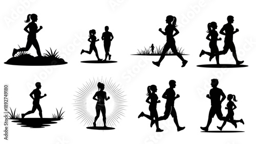 Set of black and white silhouettes of people running and jogging in various outdoor settings showing healthy lifestyle