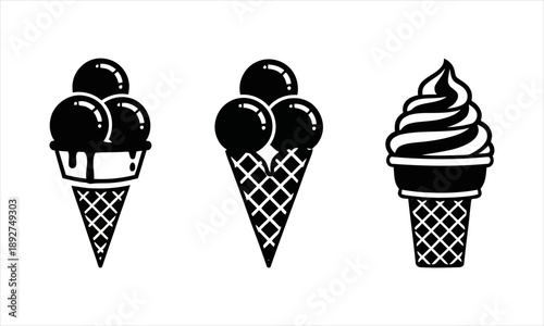 Set of three distinct black and white ice cream cone icons, perfect for dessert menus or sweet treat illustrations