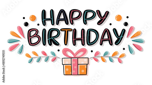 Colorful happy birthday composition with gift box and floral elements