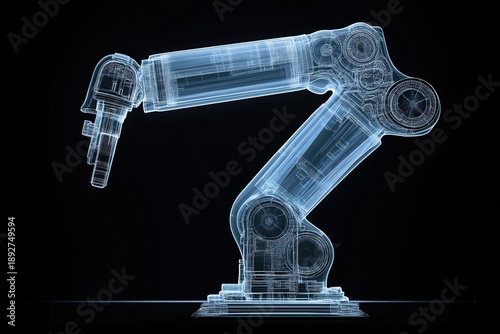 X-ray image of a transparent plastic robot arm displayed on a solid black background revealing internal structure