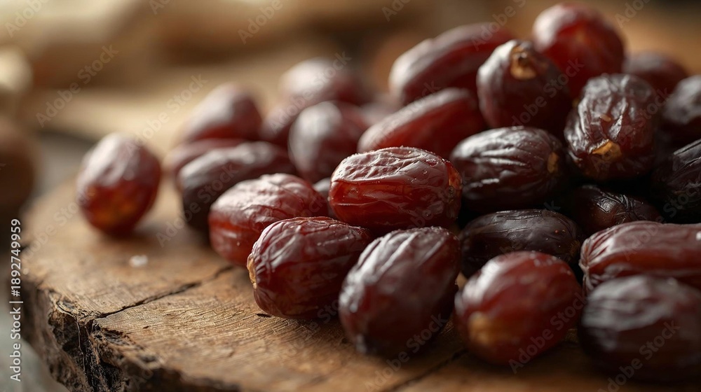 Obraz premium A close-up view of a pile of dates on a wooden surface