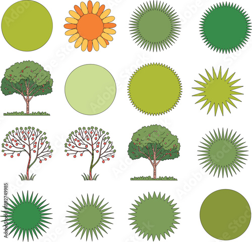 Collection of green tree crowns and foliage shapes icons, including round and spiky canopy symbols, perfect for landscape design, ecology maps, nature graphics.