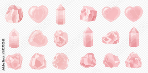 Set of pink rose quartz crystals and hearts, natural gemstones for jewelry and healing, isolated on transparent background.