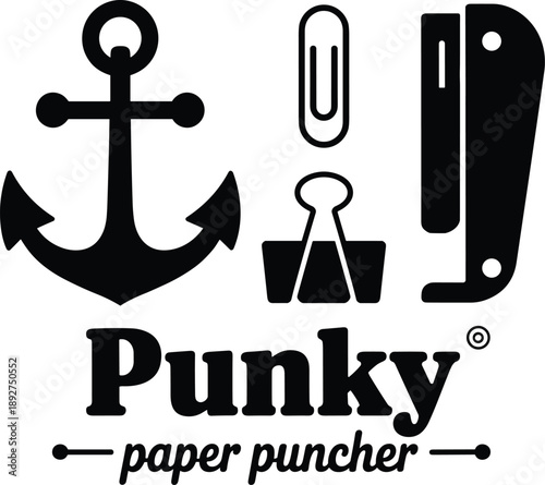 Minimal black silhouette stationery logo design featuring anchor, paperclip, binder clip, and stapler icon with Punky paper puncher typography for office branding.