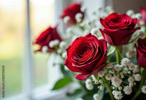 Romantic floral arrangement with red roses and gypsophila, soft natural light