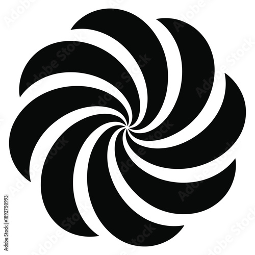 Swirling black graphic design featuring eight curved segments forming a dynamic spiral motion perfect for abstract concept of rotation energy or vortex