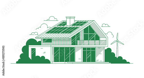 Eco friendly house with solar panels and wind turbine in green landscape