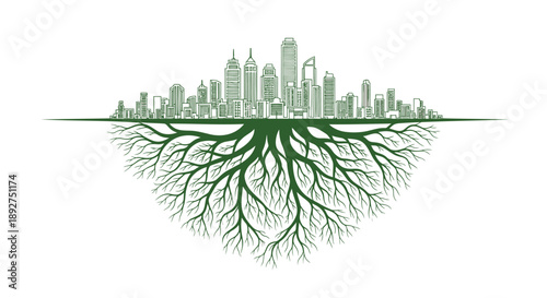 Cityscape roots grow underground with green urban landscape and buildings above ground level