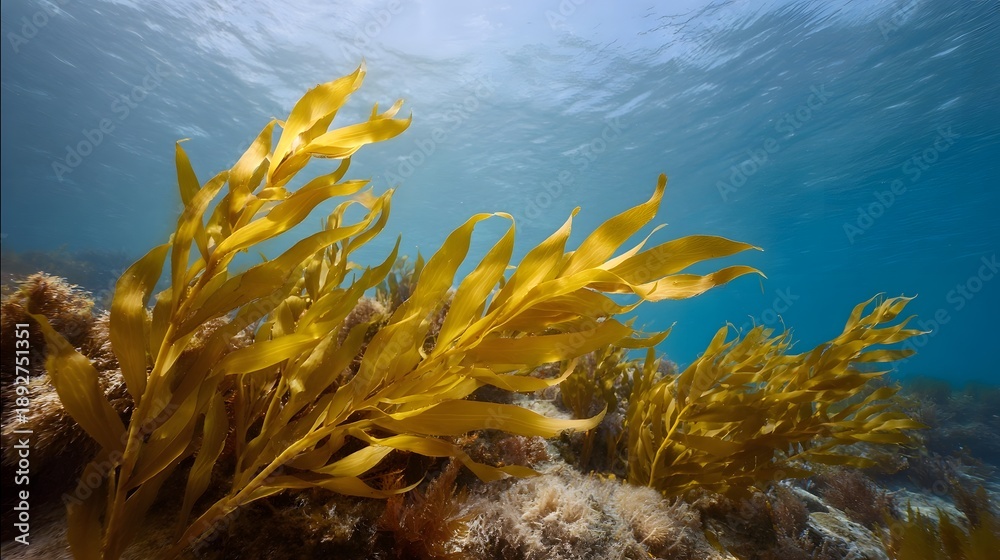 Naklejka premium Sunlit kelp forest gently swaying in clear ocean waters showcasing vibrant marine life and natural beauty