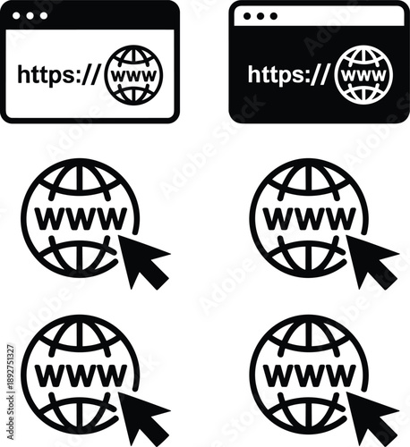 Website browser and internet globe icons set showing URL, www cursor click symbols, web navigation concept for digital marketing, online communication and technology design.