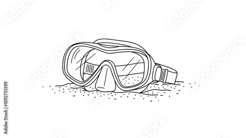 Detailed snorkeling mask on sand: monochrome drawing for diving enthusiasts