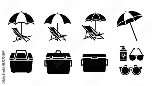 Summer beach essentials: umbrella, deck chair, cooler, sunglasses silhouettes