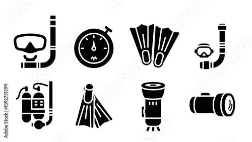 Diving gear silhouette icons: snorkel, fins, tank, goggles, flashlight, stopwatch