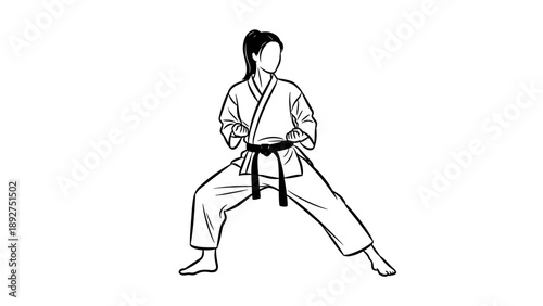 Karate black belt martial artist in ready stance line art illustration