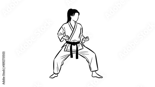 Linear martial artist silhouette in karate stance on white background