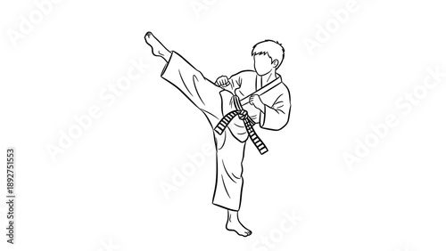 Karate practitioner performing high kick in martial arts uniform outline drawing