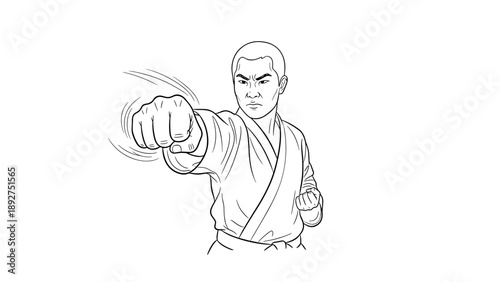Dynamic martial artist in action: black and white line art illustration