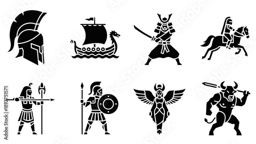 Ancient warrior silhouettes featuring samurai, viking, and mythical figures