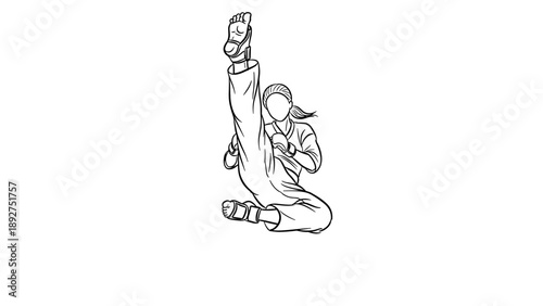 Dynamic martial artist performing high kick in detailed line art design