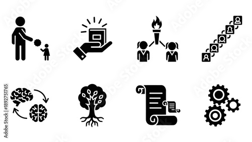 Black and white education and growth icon set for modern design projects