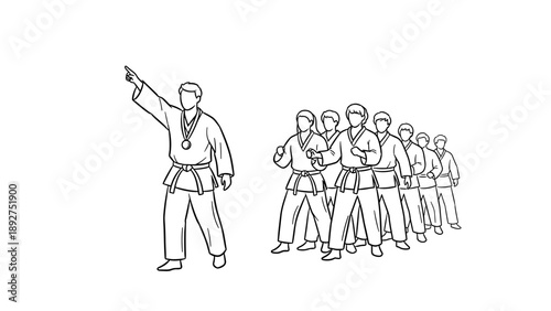 Karate team leader guiding martial arts group in line art style