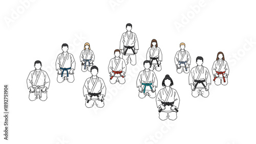 Martial arts class: group in karate uniforms with colorful belts in linear style