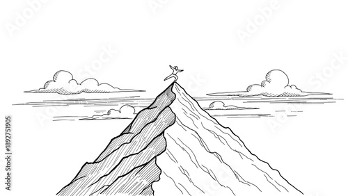 Adventurer celebrating on mountain summit in sketch style with dramatic clouds