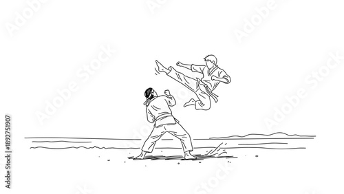 Dynamic karate sparring scene with flying high kick in linear style