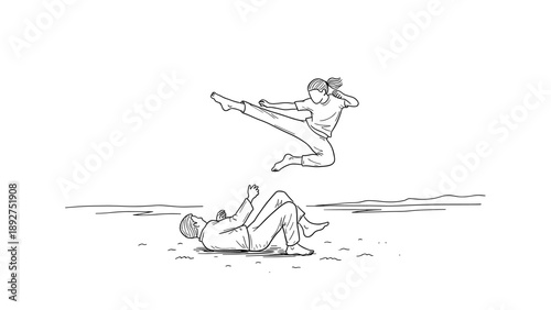 Dynamic martial arts practice on the beach with a jumping kick in linear style