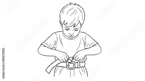 Child struggling with belt: black and white line art of daily challenges