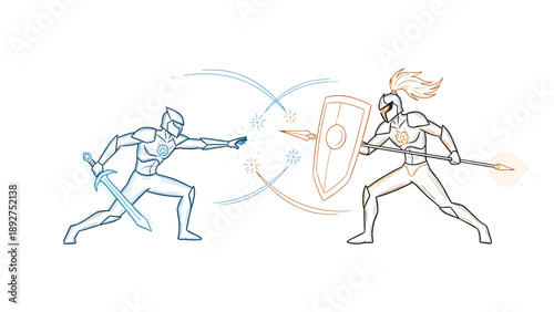 Futuristic warriors in epic duel with swords and armor in dynamic energetic line art