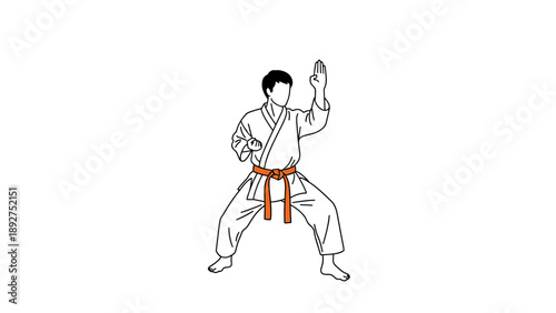 Karate training pose with orange belt on white background
