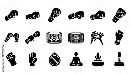 Martial arts icons set: punches, sparring, meditation in solid style