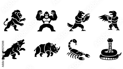 Animal silhouette icons: lion, gorilla, rhino, and more - bold black and white designs