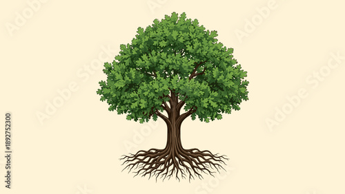 Majestic oak tree with detailed roots on neutral background