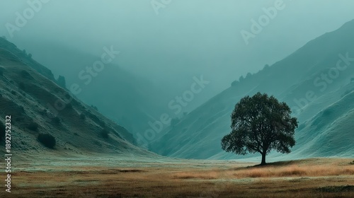 Solitary tree in foggy mountain field