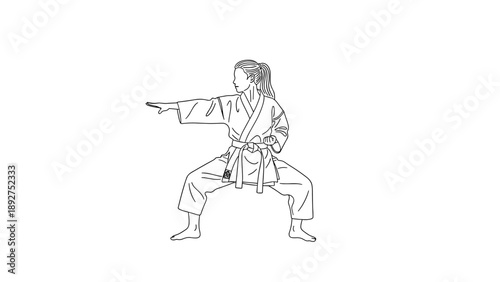 Karate practitioner in defensive stance outline on white background