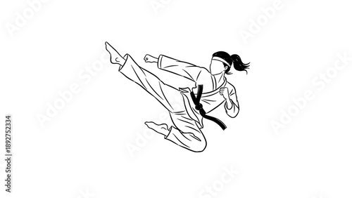 Dynamic karate kick: black belt martial artist in action line art