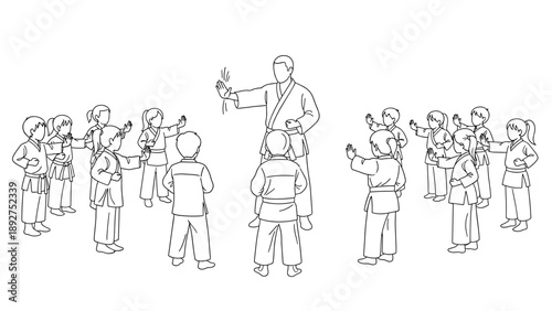 Karate class training scene with sensei and young students in line art style