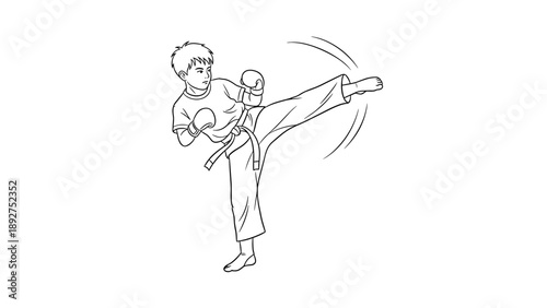 Dynamic karate kick: young martial artist in action line art