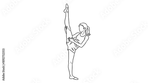 Elegant dancer performing high leg stretch in minimalist line art style