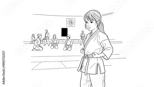 Confident martial artist in training dojo with group of practicing students line art